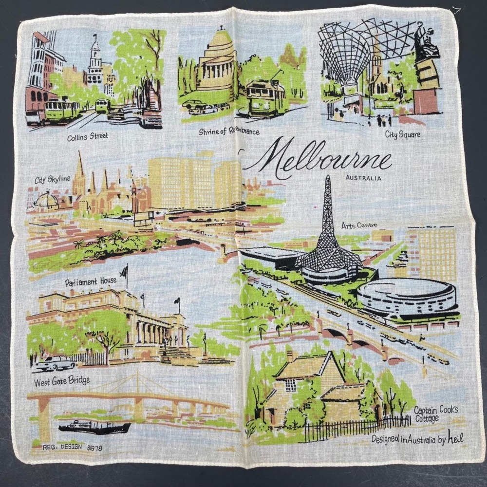 Heil Melbourne Australia Souvenir Handkerchief Landmarks Vintage Travel Map